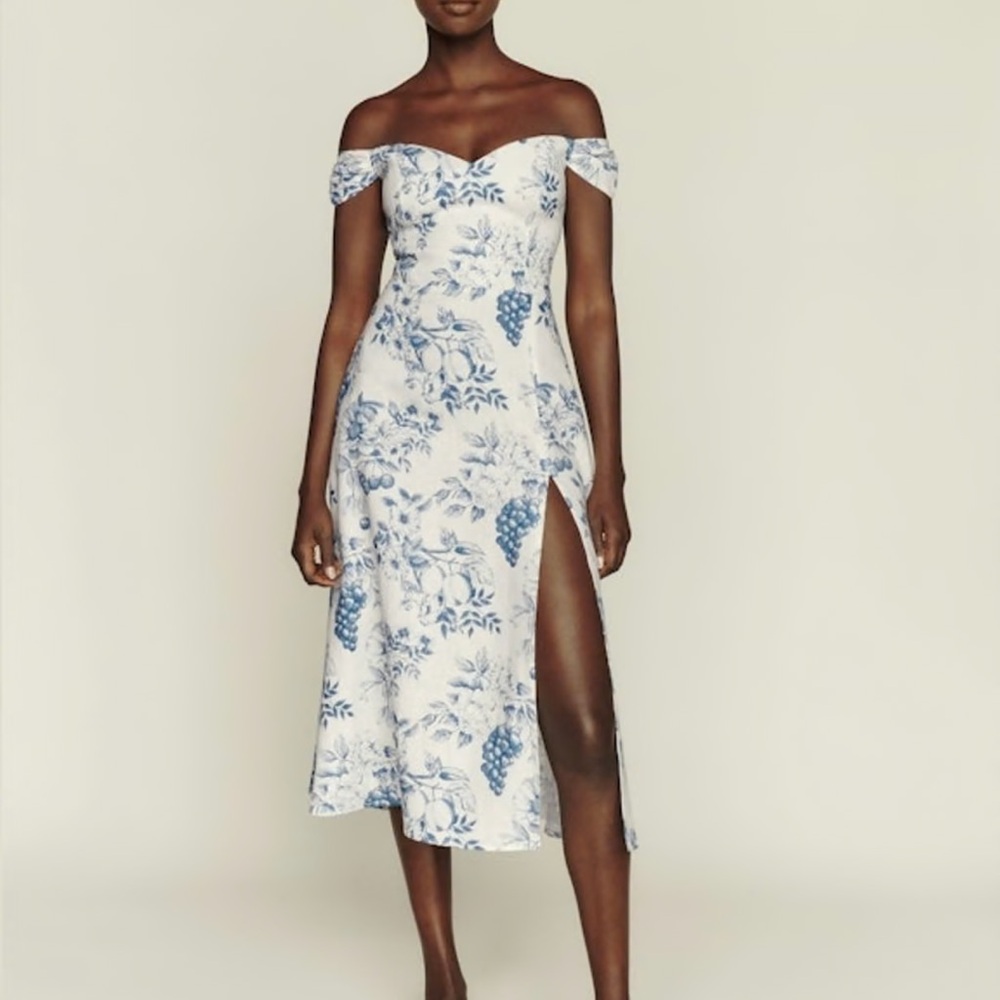 Reformation Floral Blue and White Linen Midi Dress